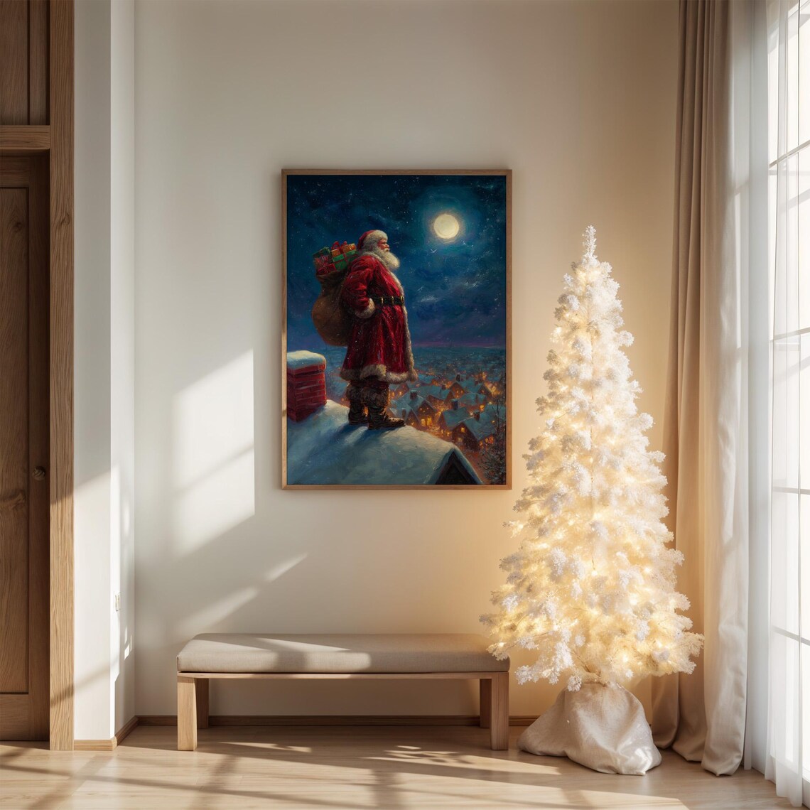 Santa Claus Standing On Rooftop Under Full Moon Art Print