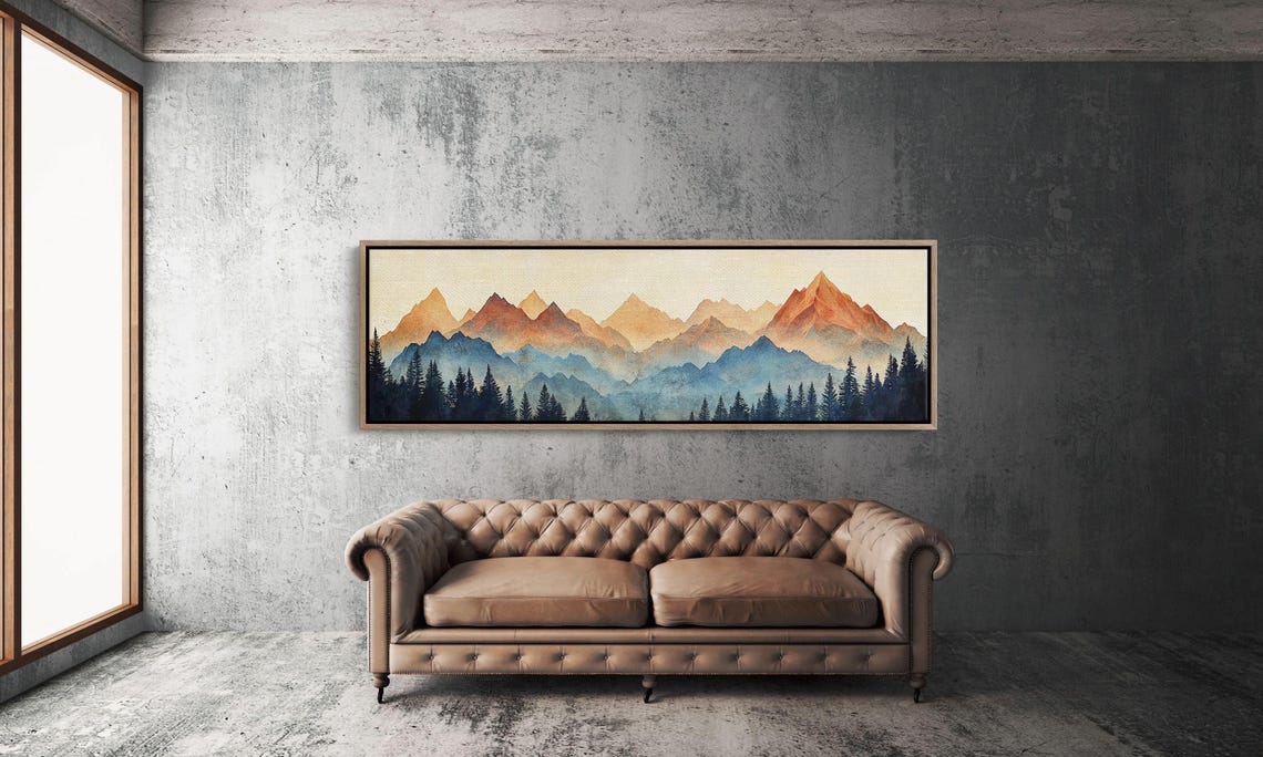 Layered Mountain Ranges Warm Sunset Watercolor Forest Pines Poster - Image 3
