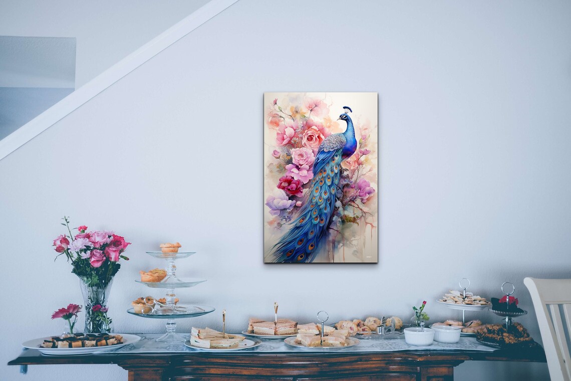 Peacock With Pink Flowers Vintage Oil Painting Style Art Poster - Image 5