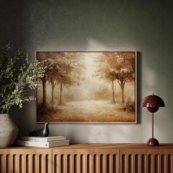 Sepia Tree Lined Path Canvas Wall Art Neutral Vintage Landscape Painting Tranquil Rustic Forest Scene For Classic Home Decor