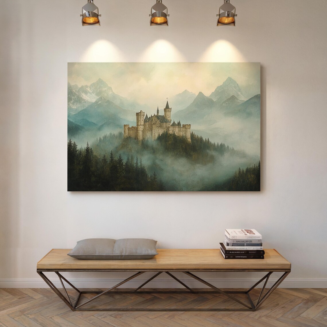 Medieval Castle on a Misty Hilltop with Alpine Peaks Fantasy Poster - Image 5