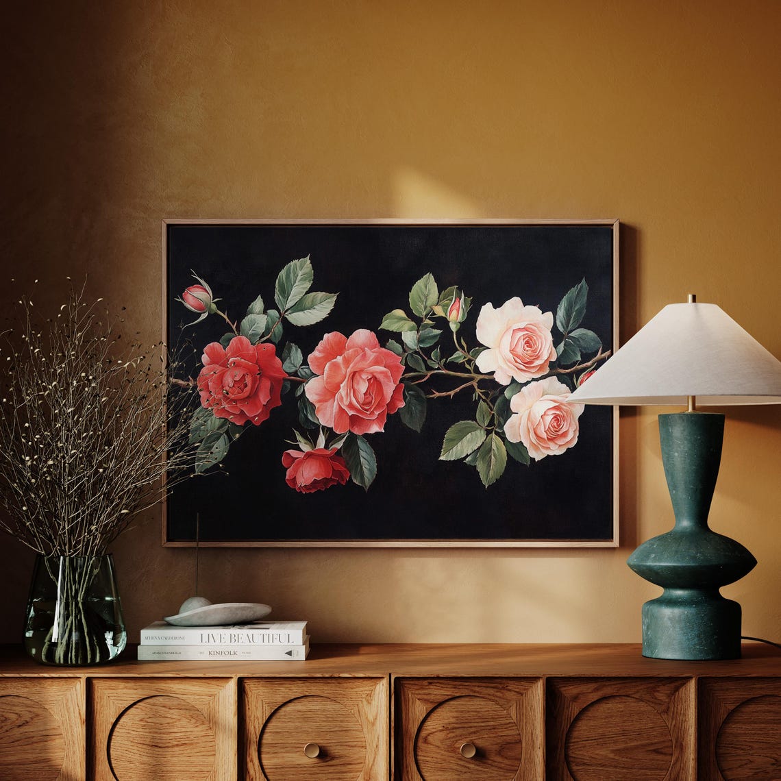 Red Pink Roses Black Background Dramatic Floral Still Life Poster - Image 6