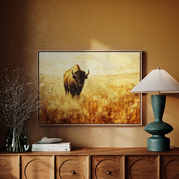 Buffalo In Golden Prairie Grass Western Wildlife Painting Poster