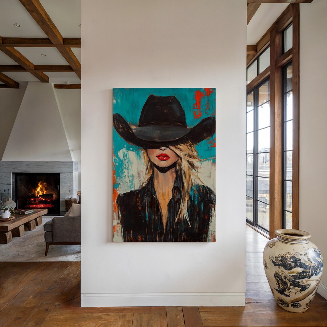Modern Western Cowgirl Portrait, Abstract Art Print - Image 2