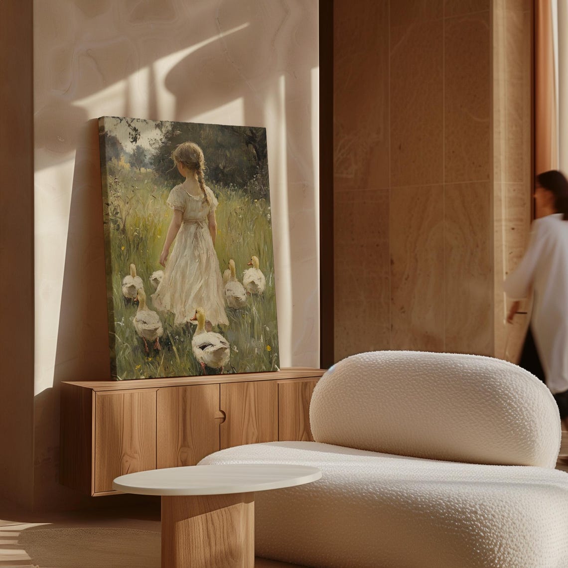 Young Girl With White Ducks Sunlit Meadow Pastoral Vintage Poster - Image 6