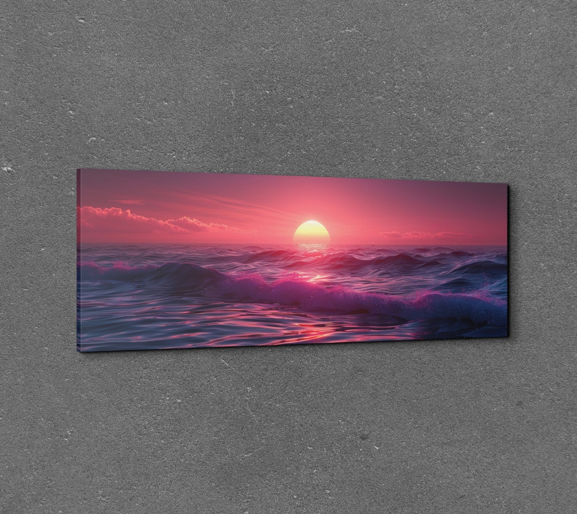 Pink Ocean Sunset with Waves Under Glowing Sun Panorama Wall Art - Image 7