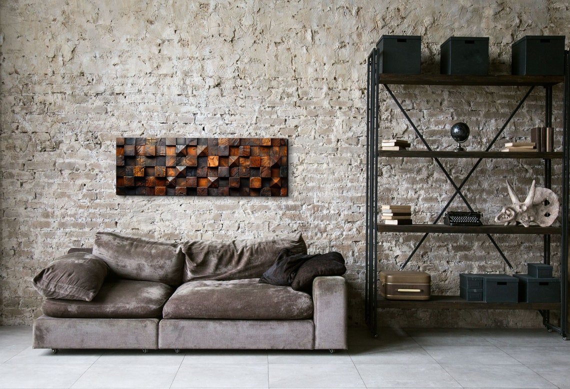 Dark Carved Wood Block Grid 3D Textured Rustic Panoramic Poster - Image 3
