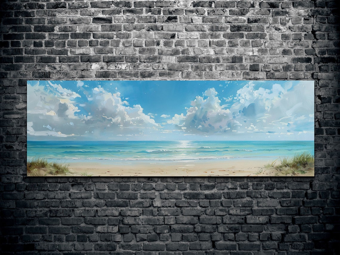 Peaceful Serene Coastal Beach Painting with White Clouds Poster - Image 2