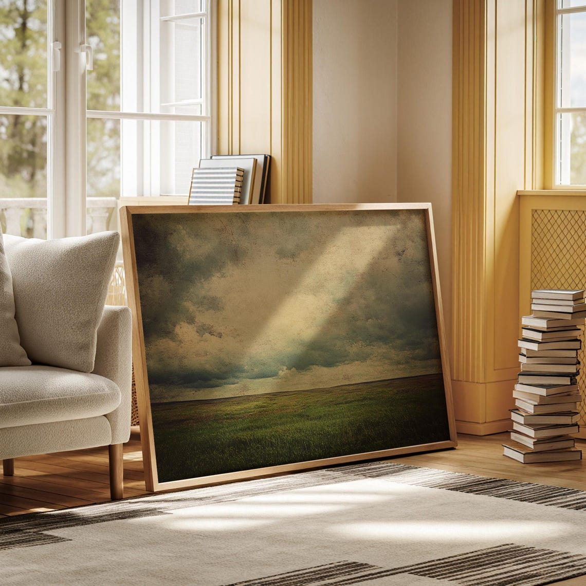 Rustic Prairie Landscape Green Field Under Moody Sky Vintage Poster - Image 4