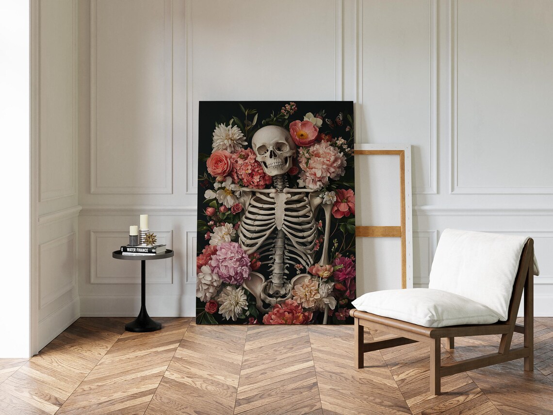 Gothic Skeleton With Pink Flowers Dark Botanical Romantic Macabre Poster - Image 2