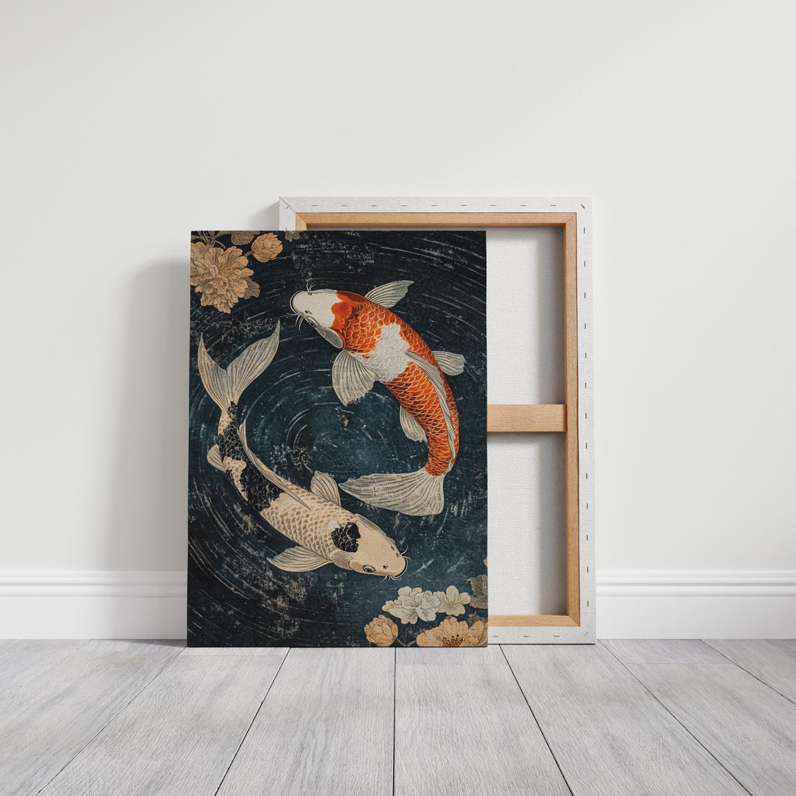 Yin Yang Koi Fish Pair Circling Dark Water With Blossom Flowers Poster - Image 3