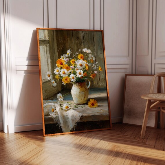 White Yellow Daisies In Cream Pitcher Rustic Oil Painting Poster