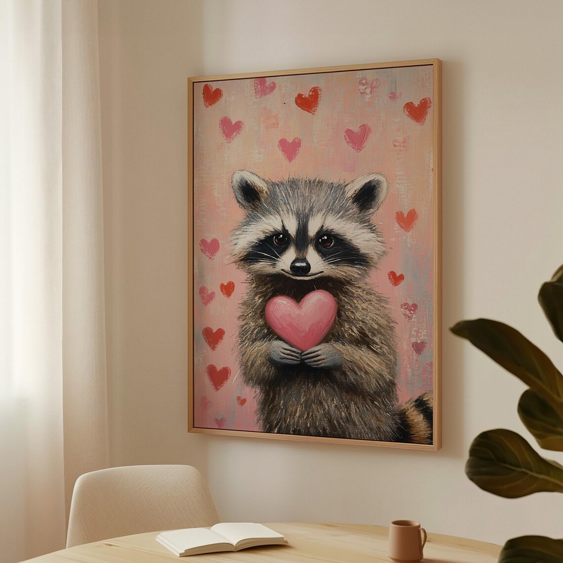 Raccoon Holding Pink Heart Cute Woodland Animal Love Whimsical Poster - Image 3