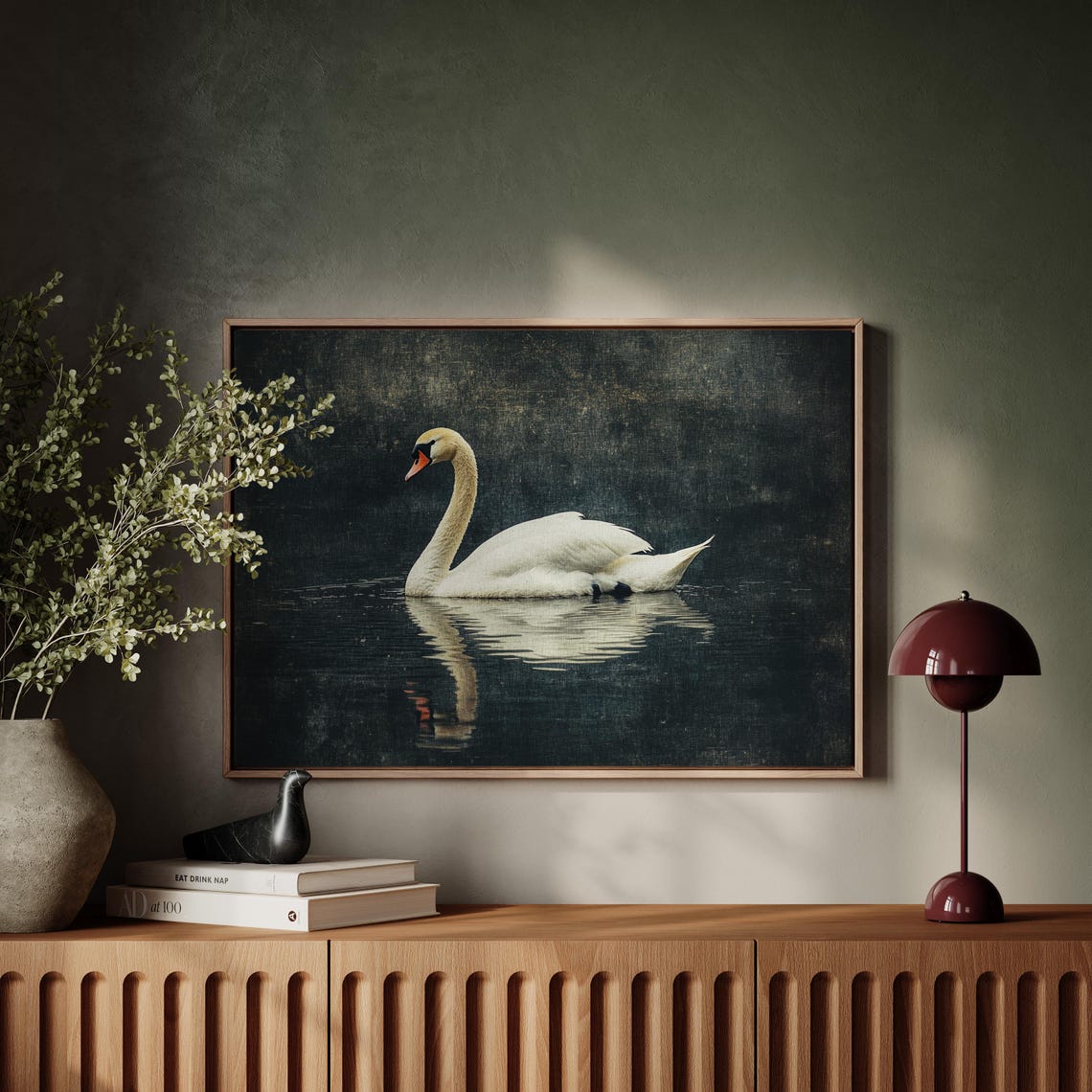 White Swan Gliding Across Dark Moody Lake Vintage Wildlife Poster - Image 4