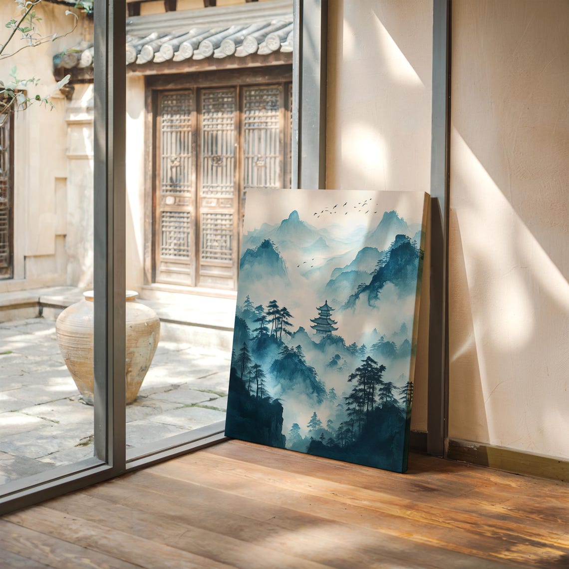 Blue Ink Mountain Pagoda Misty Pines Serene Asian Zen Poster - Image 4
