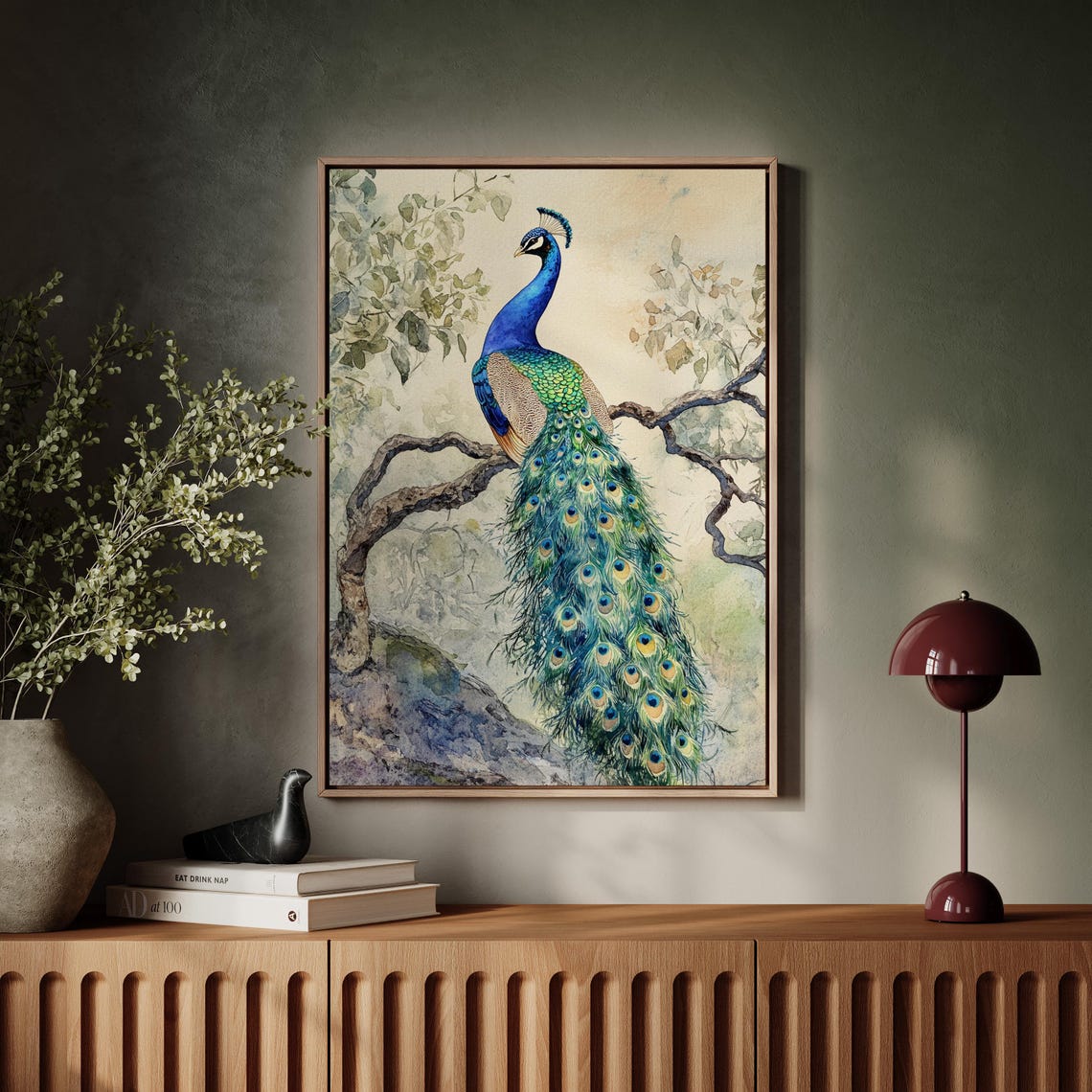 Watercolor Peacock Perched On Tree Branch Blue Bird Art Poster