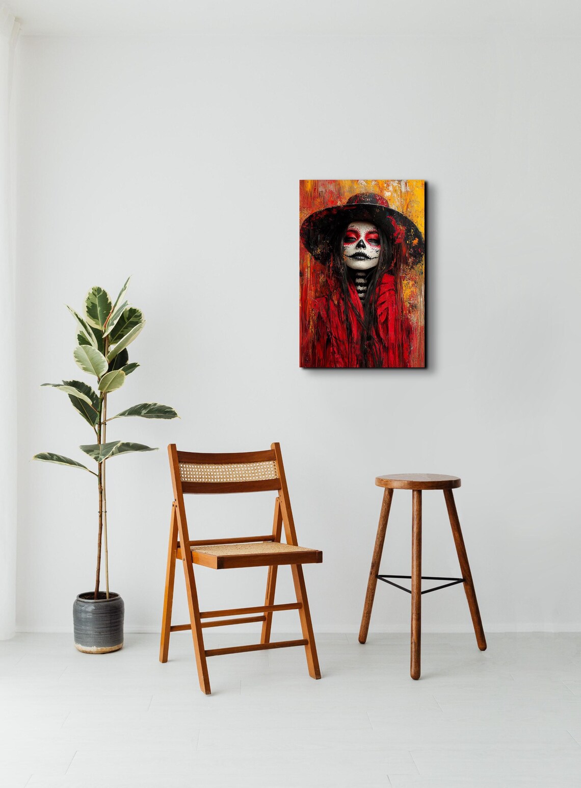 Day Of The Dead Woman Sugar Skull Makeup Red Hat Painting Poster - Image 5