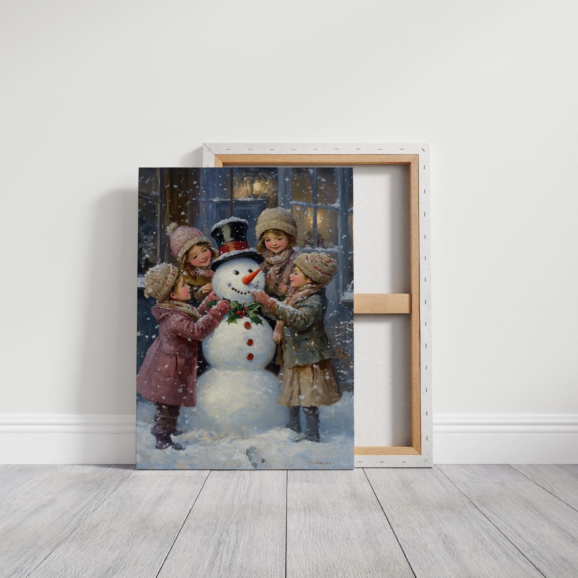 Children Decorating Snowman Vintage Winter Holiday Scene Poster - Image 3