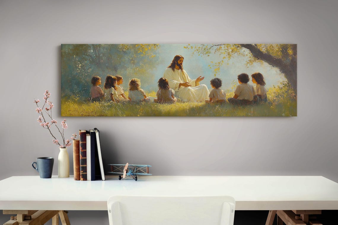 Jesus With Children Golden Meadow Panoramic Christian Poster - Image 4
