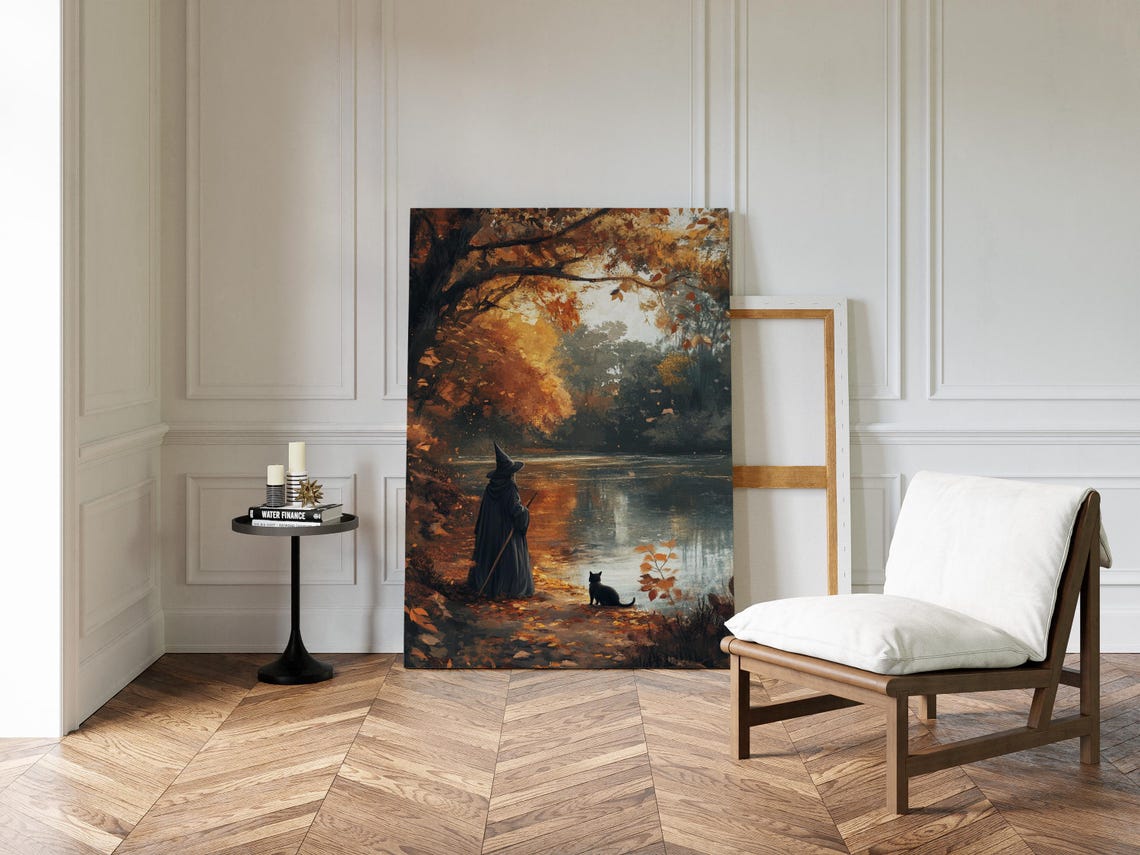 Witch And Black Cat By Autumn Lake Reflective Fall Forest Scene Poster - Image 4