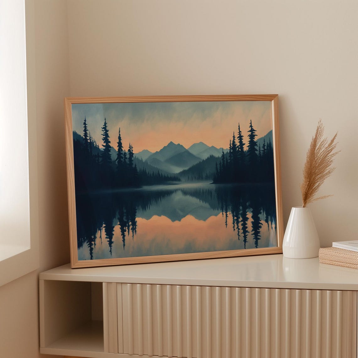 Moody Mountain Lake Pines Serene Sunset Mirror Reflection Poster - Image 3