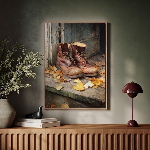 Worn Leather Work Boots On Doorstep With Autumn Leaves Poster
