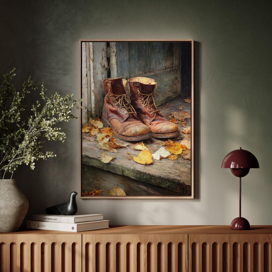 Worn Leather Work Boots On Doorstep With Autumn Leaves Poster