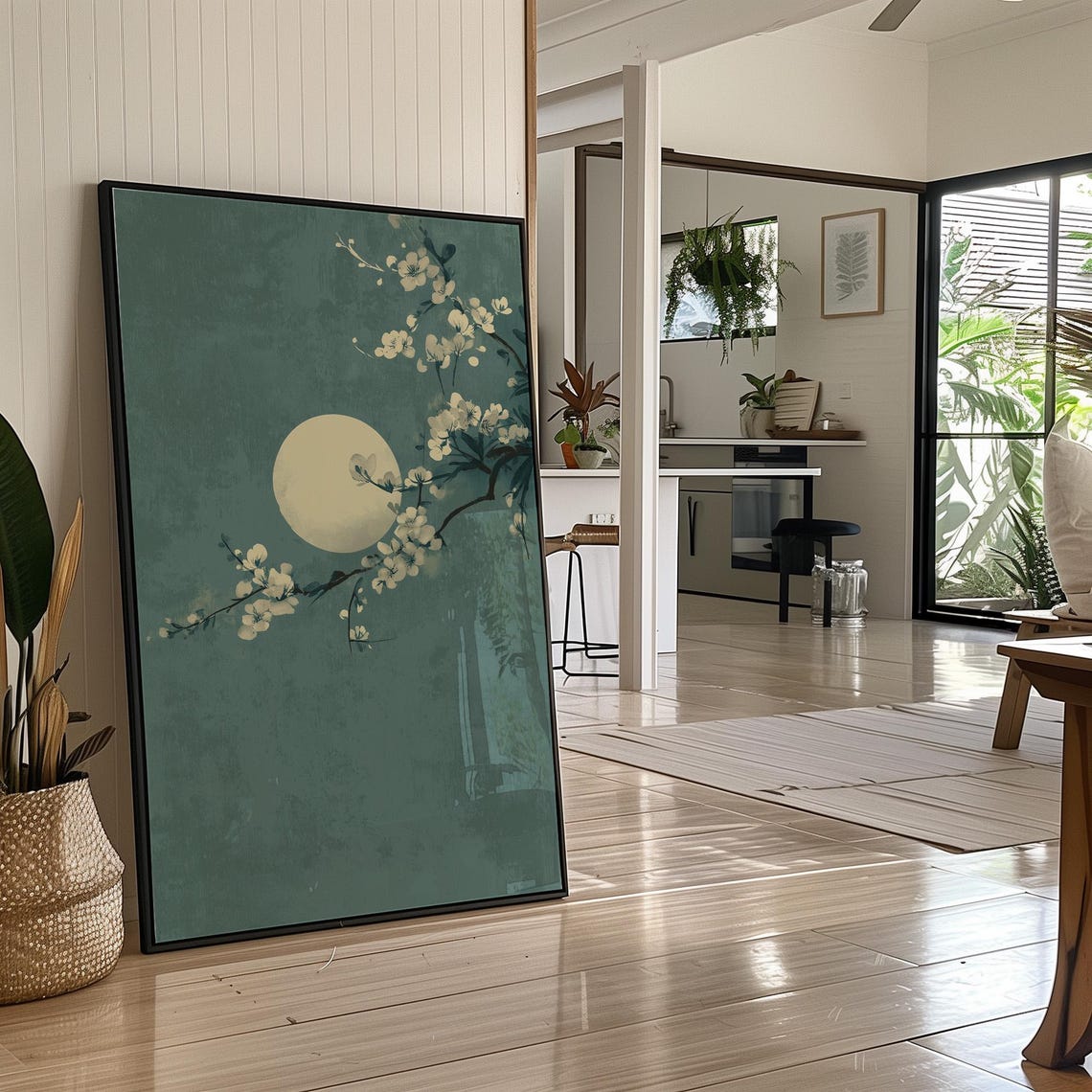 Moonlit Cherry Blossoms Night Sky Teal Japanese Style Wall Art
