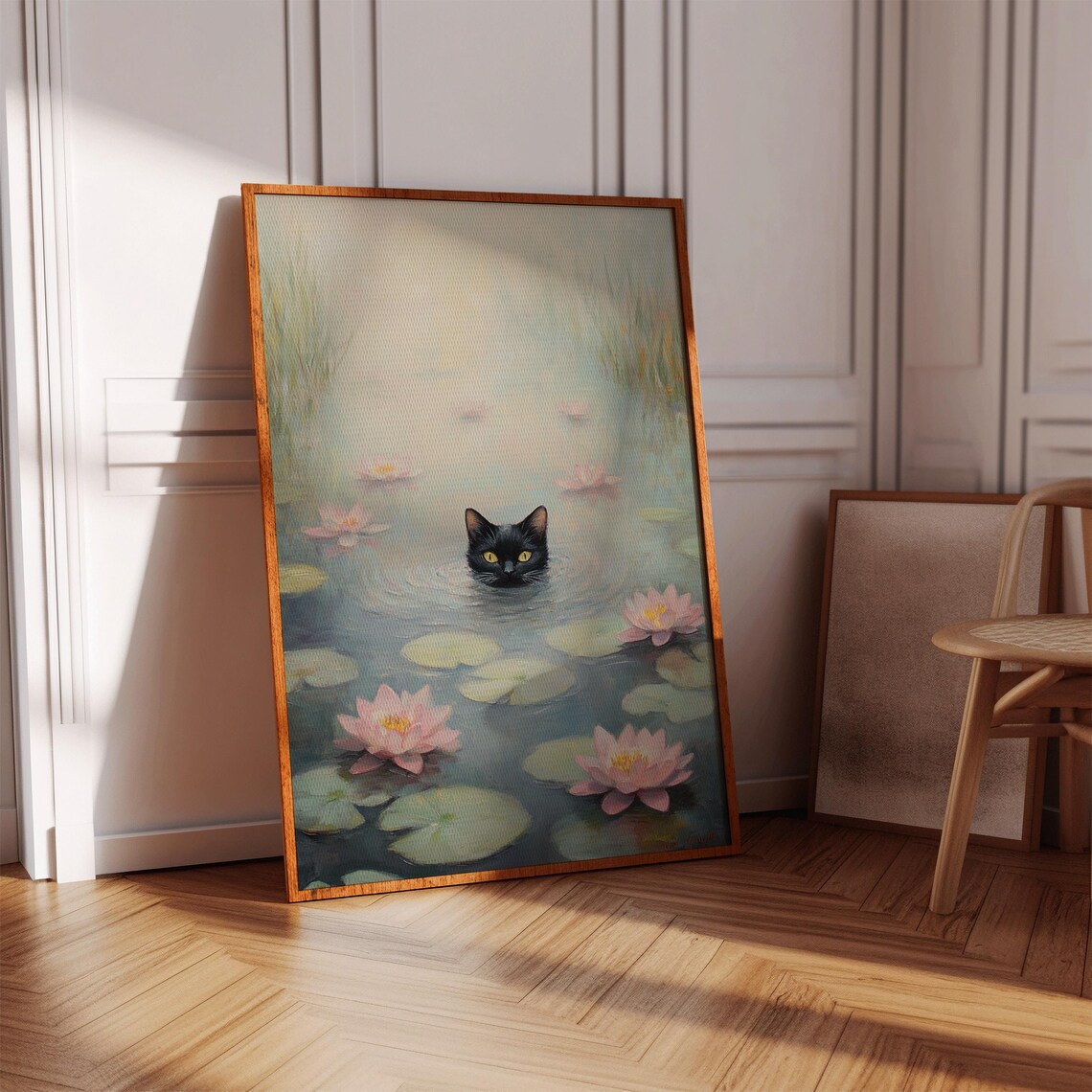 Black Cat Peeking Through Misty Water Lilies Fantasy Wall Art - Image 5