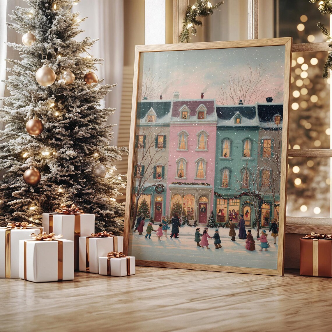 Victorian Christmas Town Street Scene, Wall Art Print