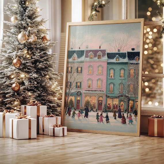 Victorian Christmas Town Street Scene, Wall Art Print
