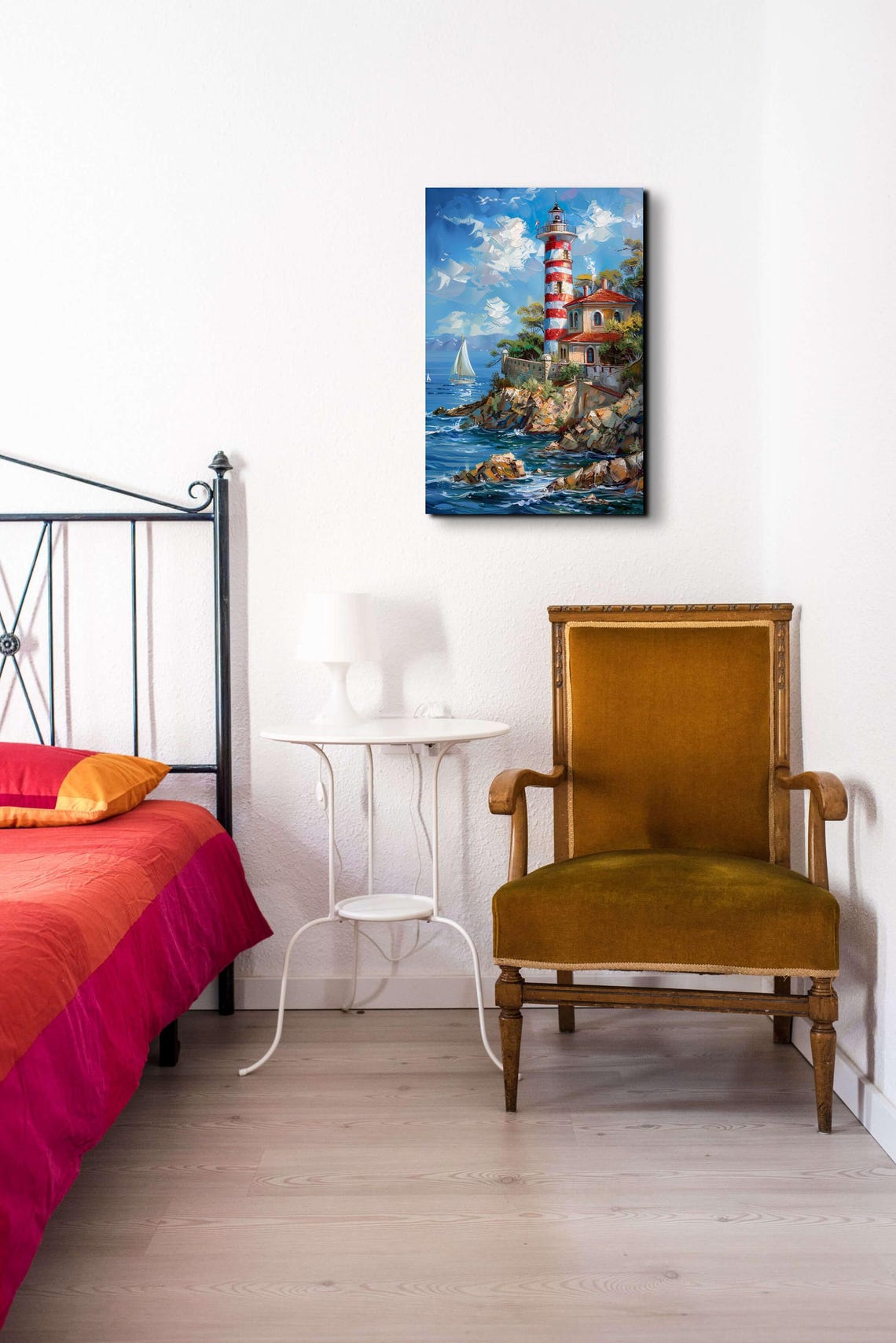 Striped Lighthouse on Rocky Cliff With Sailboats Seaside Poster - Image 5