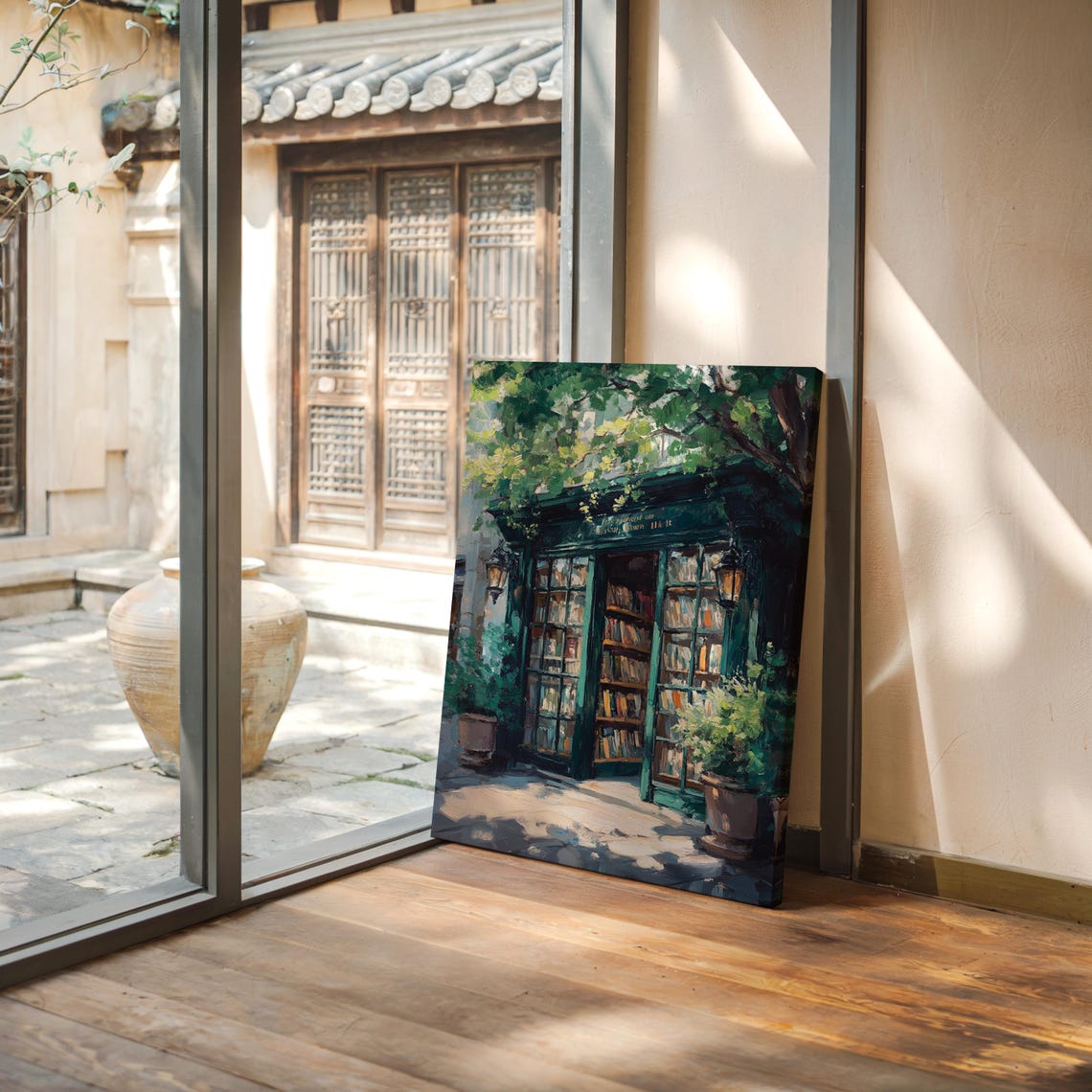 Cozy Green Bookstore Storefront With Lanterns And Plants Art Poster - Image 4