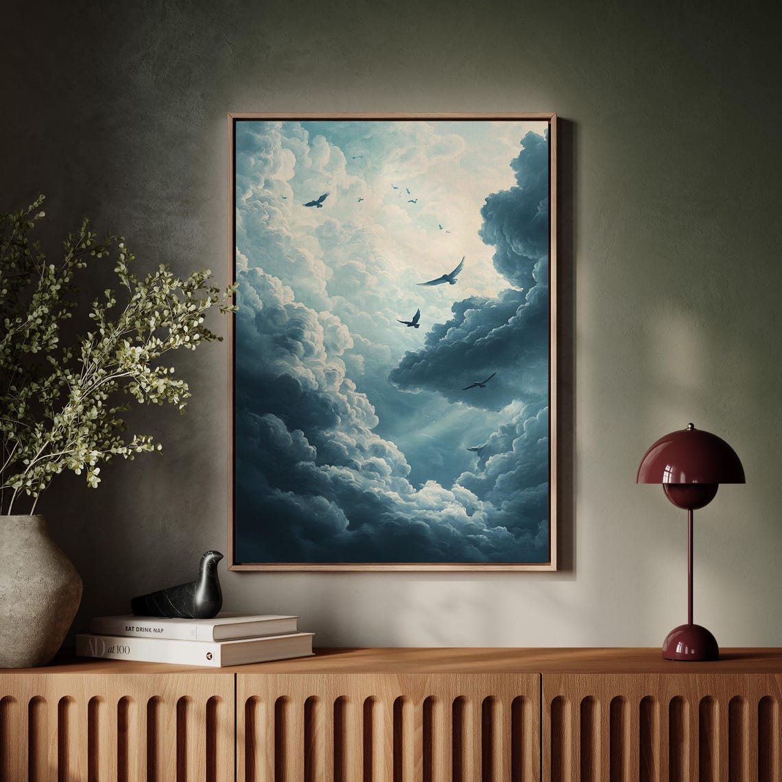 Soaring Birds In Dramatic Billowing Teal Clouds Ethereal Sky Poster - Image 2
