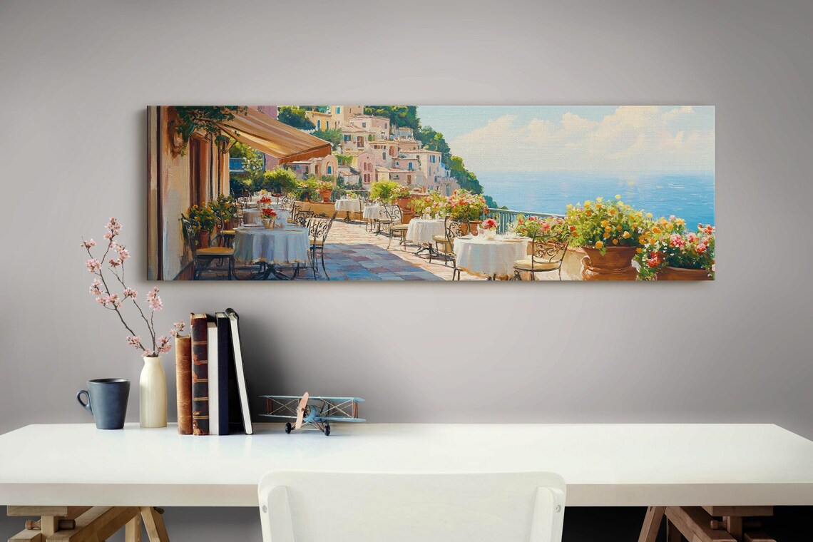 Mediterranean Terrace Cafe Seaside Coastal Town View Art Poster - Image 4