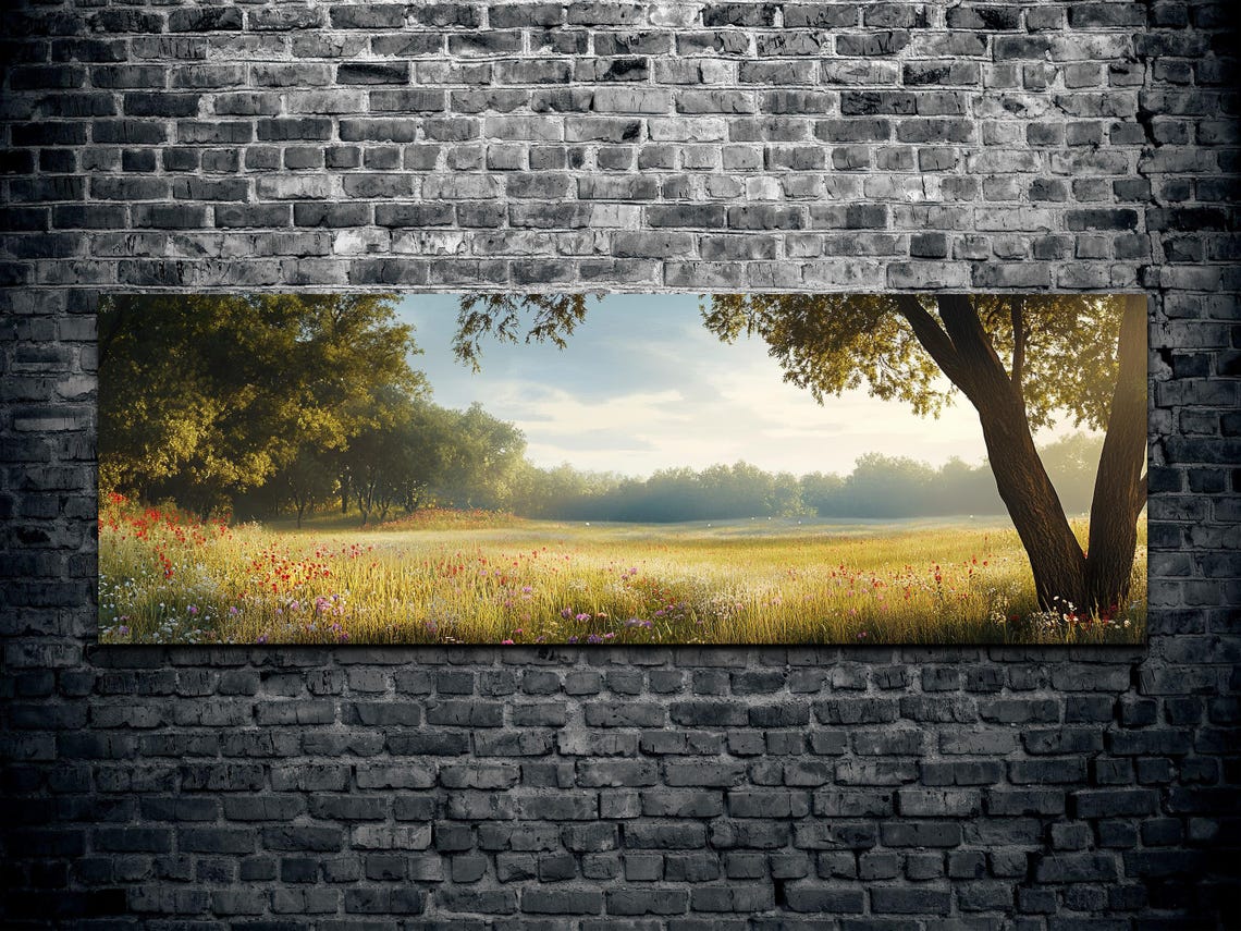 Golden Poppy Meadow Morning Trees Panoramic Landscape Poster - Image 2