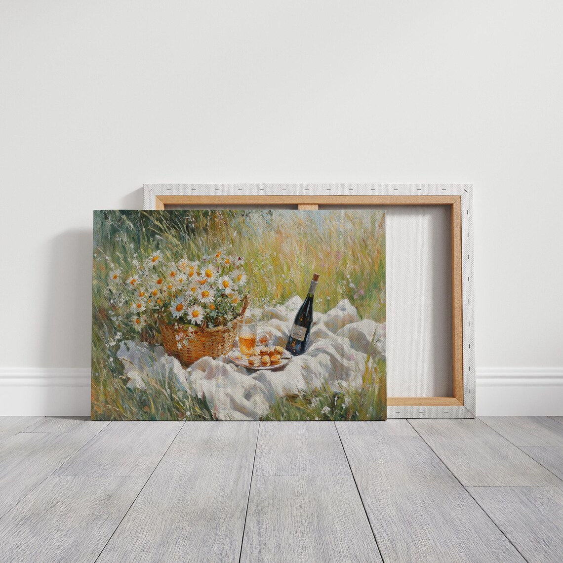 Sunlit Meadow Picnic Basket Of Daisies Wine And Cookies Wall Art - Image 3