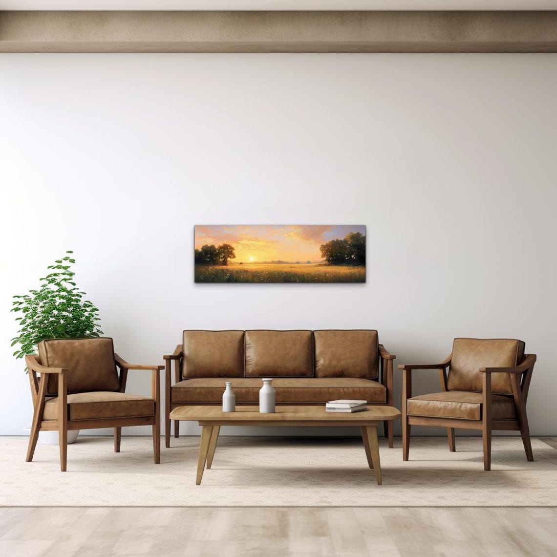 Sun Setting Over Golden Meadow Wildflowers Panoramic Oil Poster - Image 3