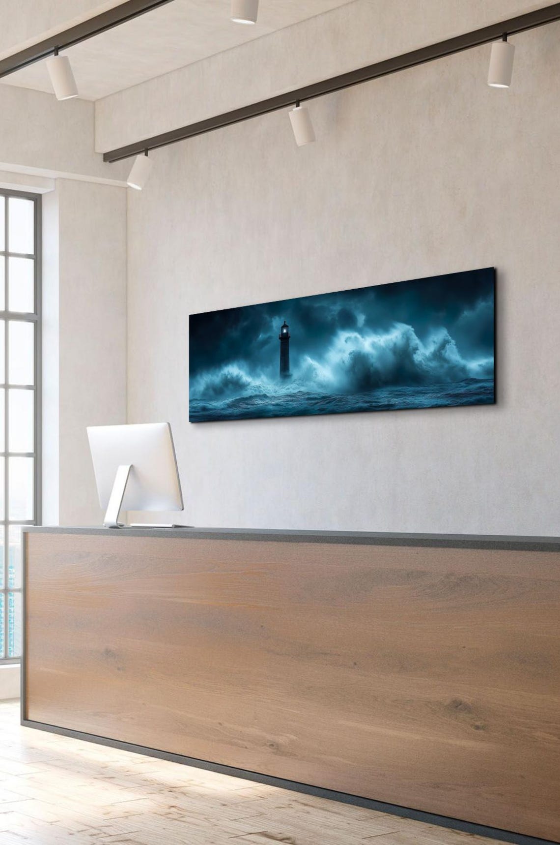 Lighthouse Enduring Night Storm Waves Moody Ocean Panoramic Poster - Image 3