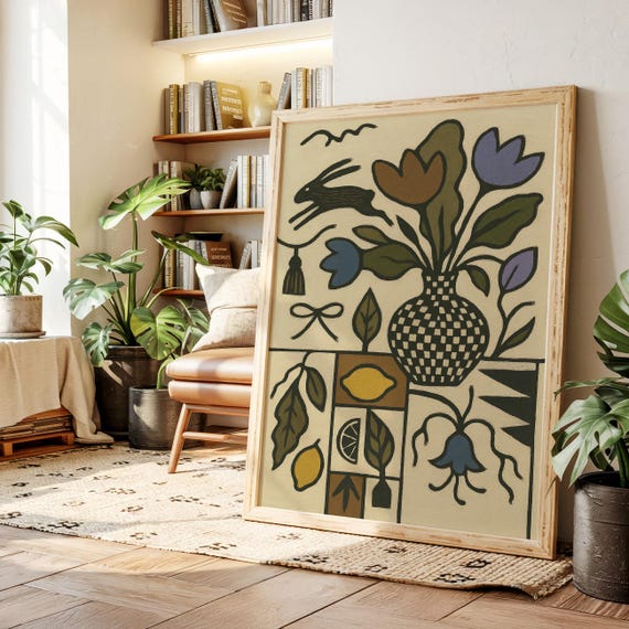 Folk Art Floral Vase Canvas Checkerboard Pot Rabbit Lemons Rustic Botanical Wall Decor With Whimsical Nature Elements