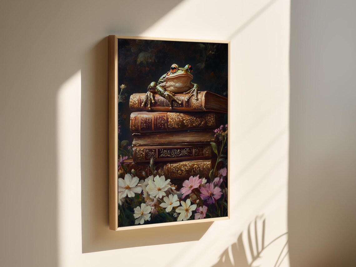 Cheerful Green Frog Resting On Antique Books With Pink Wildflowers Poster - Image 2