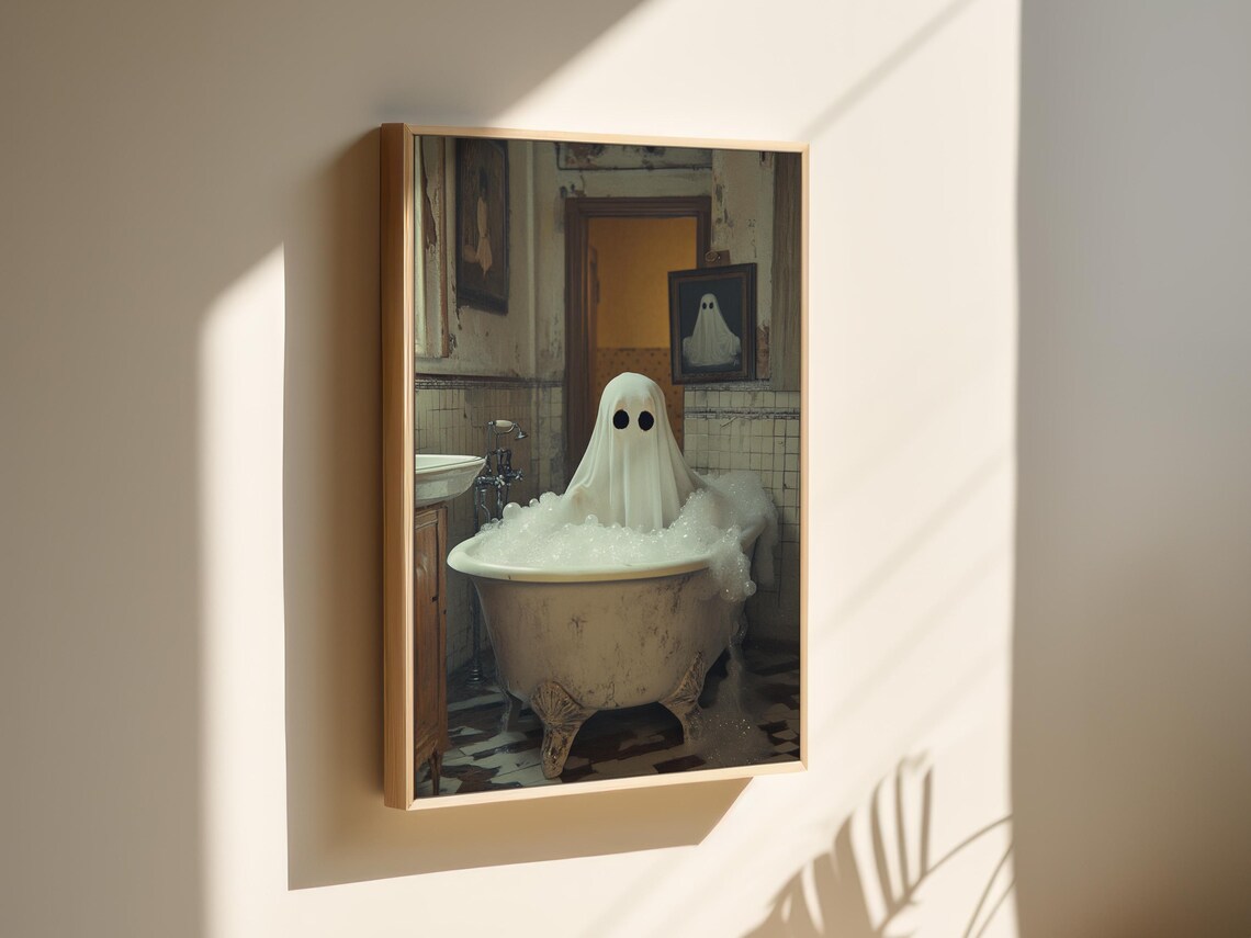 Whimsical Ghost in Vintage Bubble Bath Old Bathroom Halloween Wall Poster - Image 3
