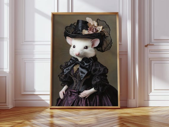 Victorian Mouse Art In Lace Dress And Top Hat Whimsical Anthropomorphic Rodent Portrait For Gothic Baroque Vintage Wall Decor
