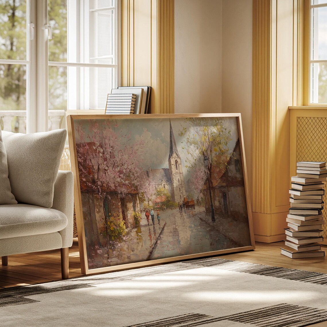 European Church Street With Cherry Blossoms Oil Painting Poster - Image 5