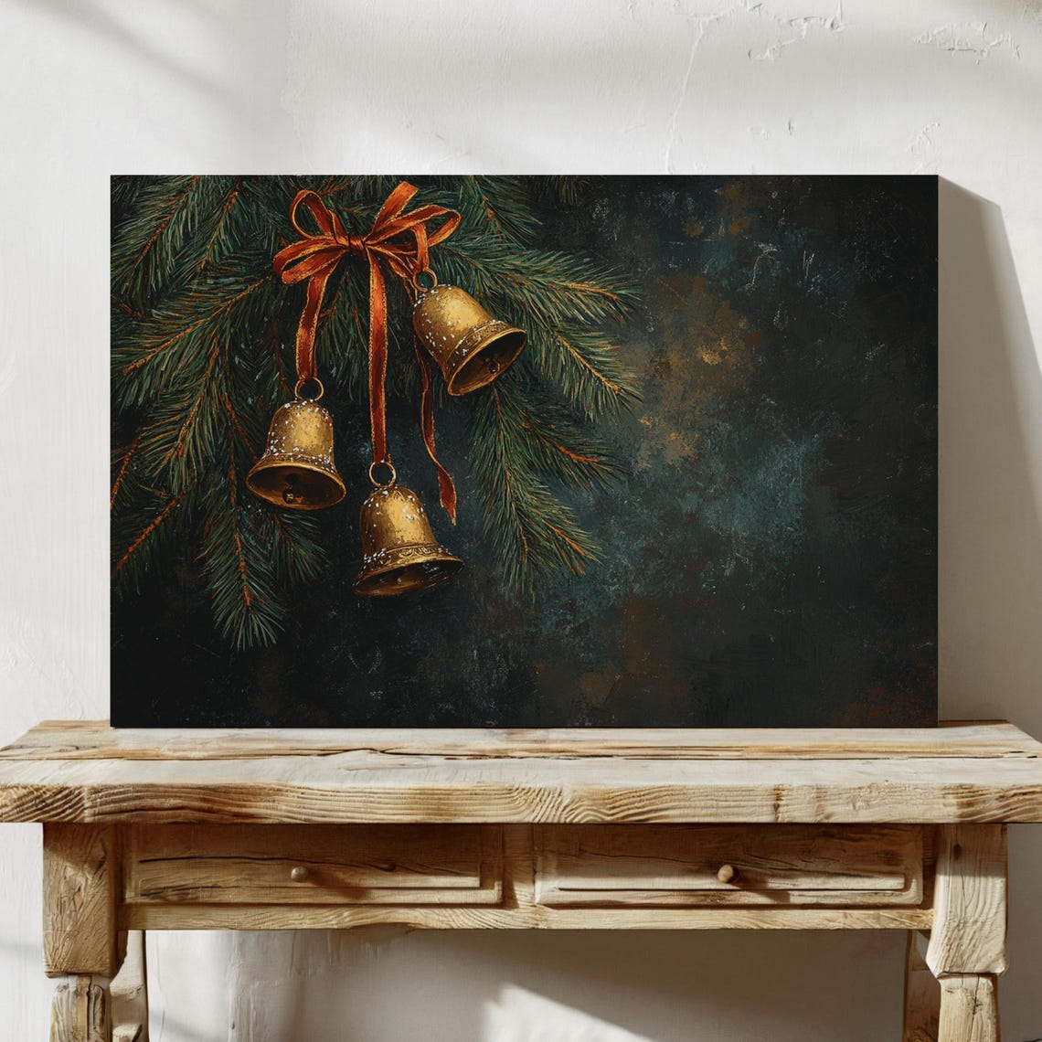 Golden Bells With Orange Ribbon Bow On Pine Dark Christmas Poster - Image 7