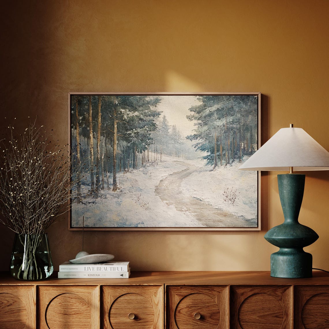 Snowy Forest Pathway Winter Landscape Rustic Vintage Painting Poster