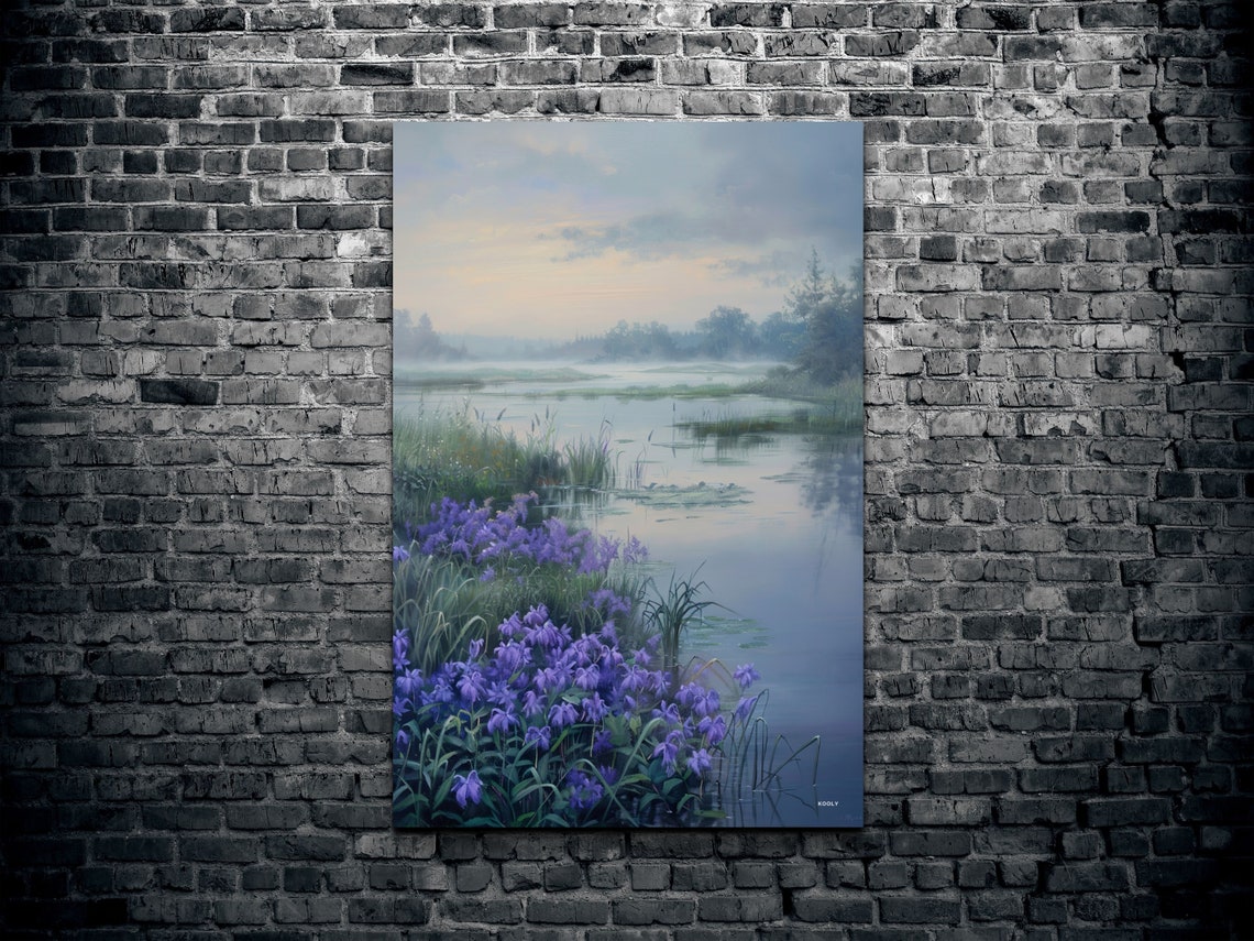 Purple Wildflower Meadow Along Misty River Nature Wall Poster - Image 3