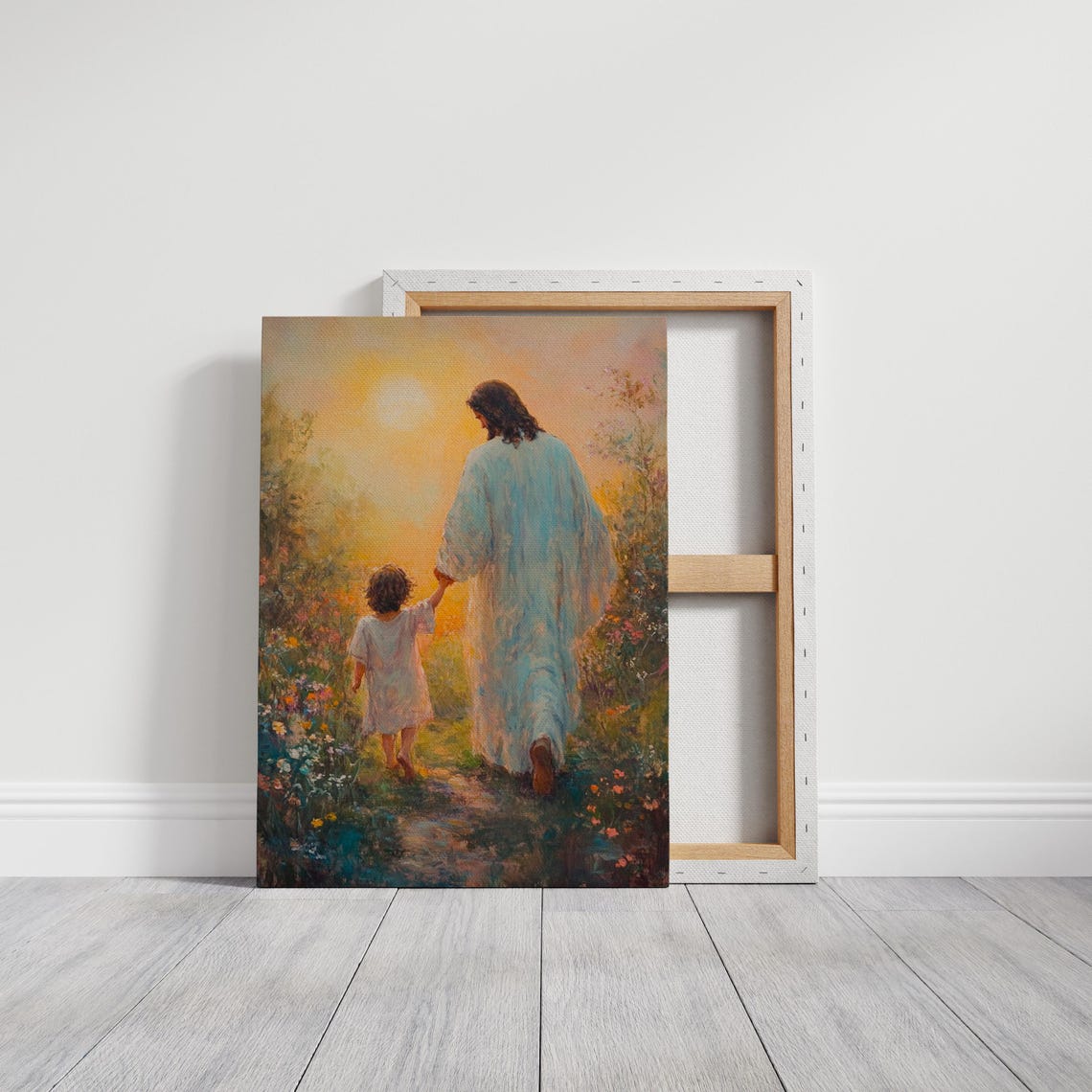Jesus Walking With Child Sunset Flower Meadow Inspirational Poster - Image 6