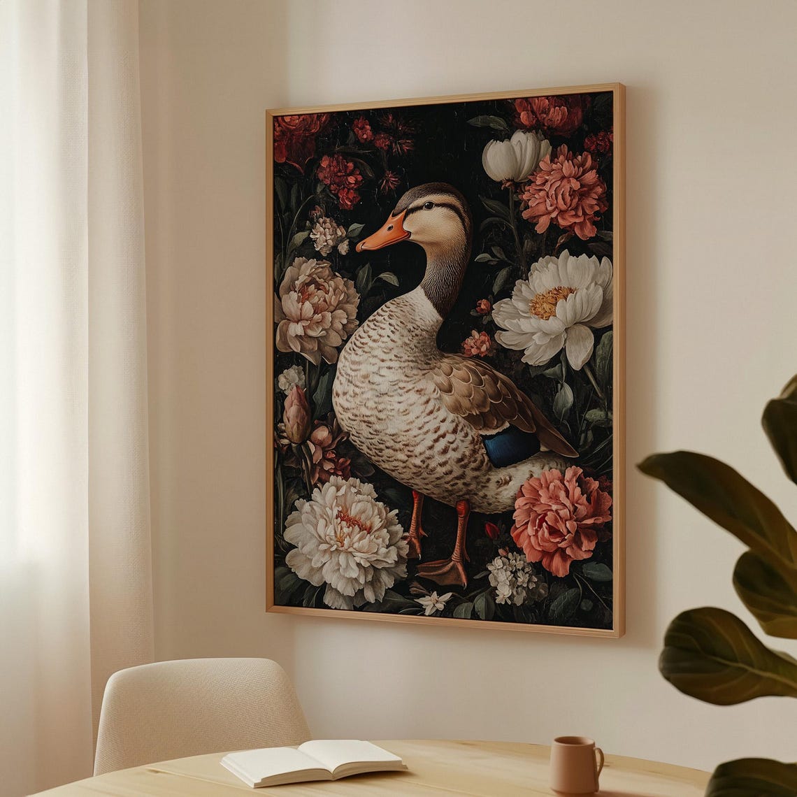 Standing Duck in Profile Among Blush Peonies Dark Floral Poster - Image 4