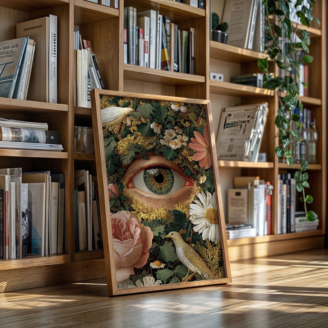Surreal Eye in Bloom Botanical Birds Embroidered Style Art Poster